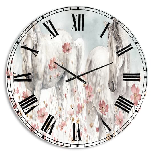 Designart 'Watercolors Pink Wild Horses Traditional Wall Clock